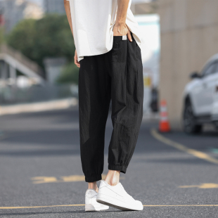 束脚锥形哈伦萝卜裤 日系复古裤 潮牌痞帅大码 亚棉麻八分裤 子男薄款