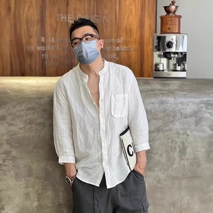 日系复古休闲痞帅立领衬衫 亚麻衬衣 男ins潮流春季 百搭纯色七分袖