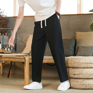 拼接潮流条纹九分灯笼萝卜裤 中国风棉麻八分裤 薄款 宽松大码 男夏季