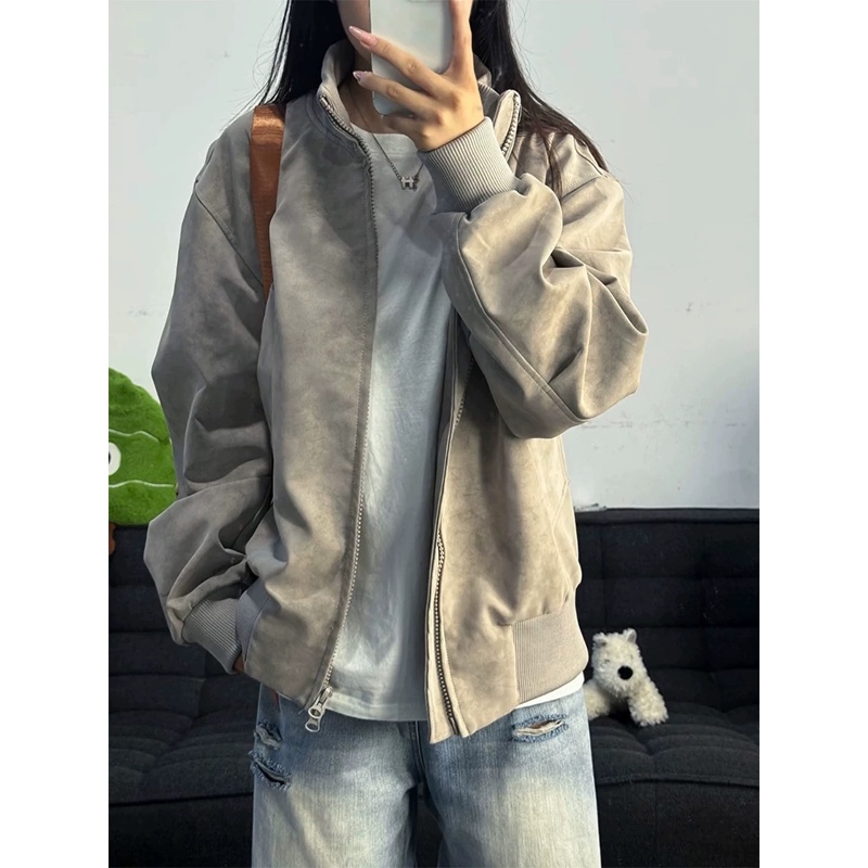 灰色美式扎染皮衣外套男秋季cleanfit飞行员夹克立领设计感棒球服