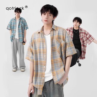 美式撞色黄蓝格纹短袖衬衫男女夏季潮牌宽松衬衣休闲情侣工装外套