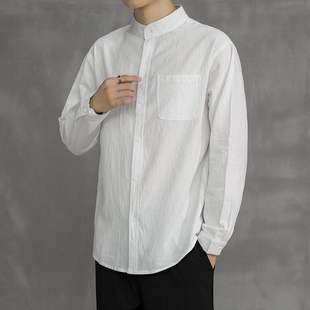白色长袖 休闲翻领宽松青年日系透气棉麻布衬衣寸男潮 男士 亚麻衬衫