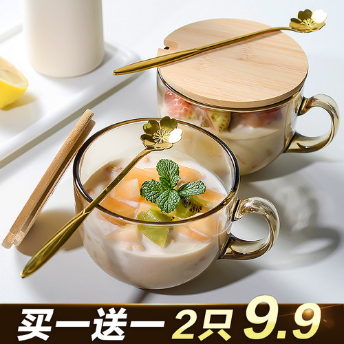 2件套北欧钢化玻璃燕麦早餐杯带盖勺家用加热大容量牛奶杯马克杯