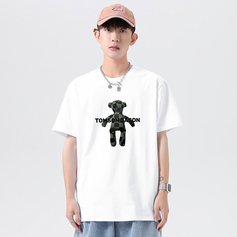 重磅纯棉短袖t恤男夏季宽松圆领上衣服小熊潮流全棉体恤白色半袖