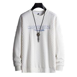 华夫格卫衣男春季新款大码宽松休闲潮胖子加肥加大圆领打底衫男装