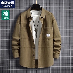 牛仔衬衫 外套宽松上衣潮胖子加肥加大男装 男长袖 纯棉工装 春季 大码