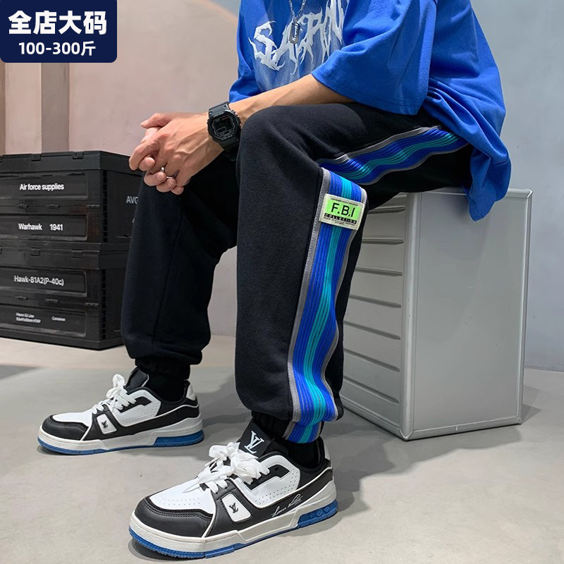 运动裤男春季新款条纹卫裤学生休闲宽松胖子加肥加大裤子大码男装