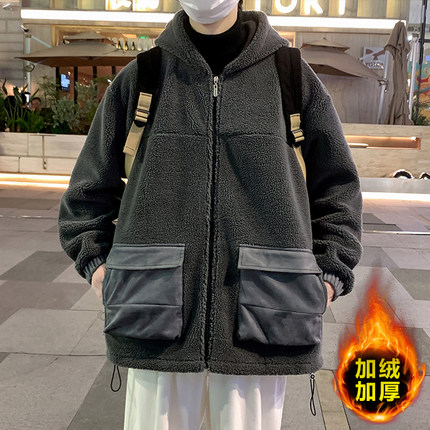 大码羊羔绒外套男冬季新款保暖加绒加厚青少年宽松潮胖子加肥加大