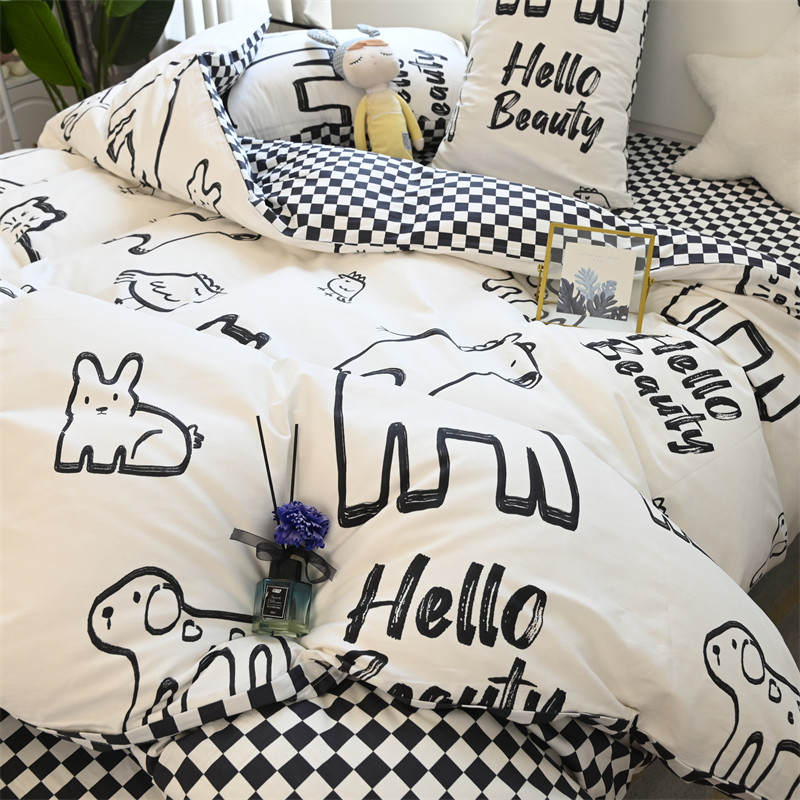 简笔画の四件套全棉纯棉床单被套卡通小清新单双人床上用品三件套