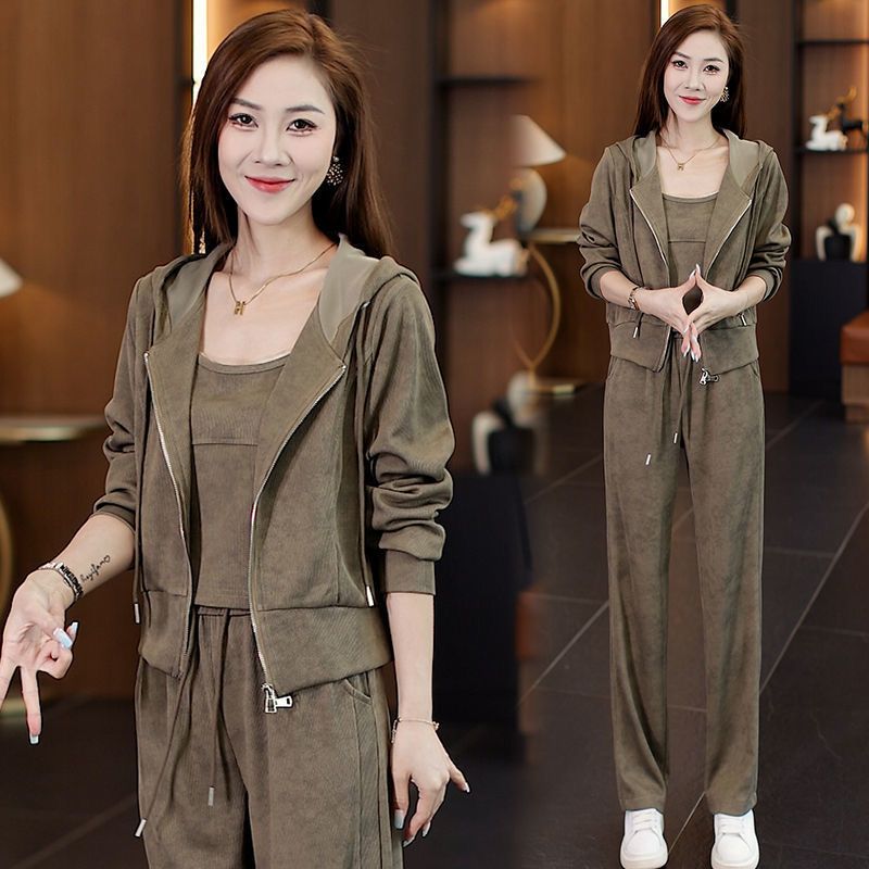 时尚运动休闲女2025早秋新款宽松显瘦套装三件套套装深灰色高级感