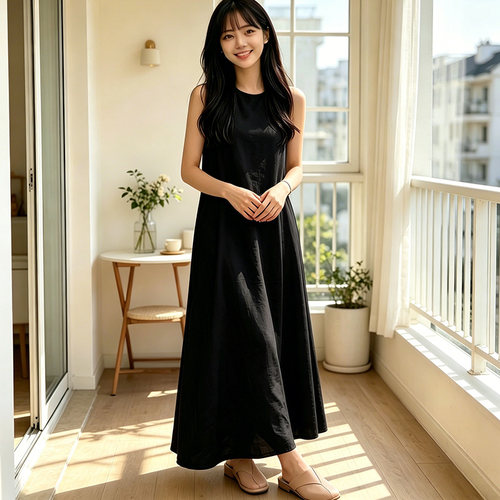 赫本风别致独特森系背镂空高级感长裙新中式夏季无袖背心连衣裙
