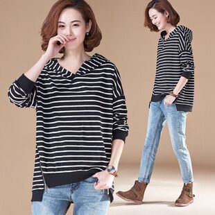 春秋装 T恤胖MM宽松休闲连帽条纹套头卫衣外套女装 潮 长袖 条纹时尚