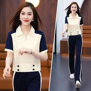 女翻领拼色时尚 2025夏季 新款 休闲运动服套装 减龄洋气两件套潮 韩版