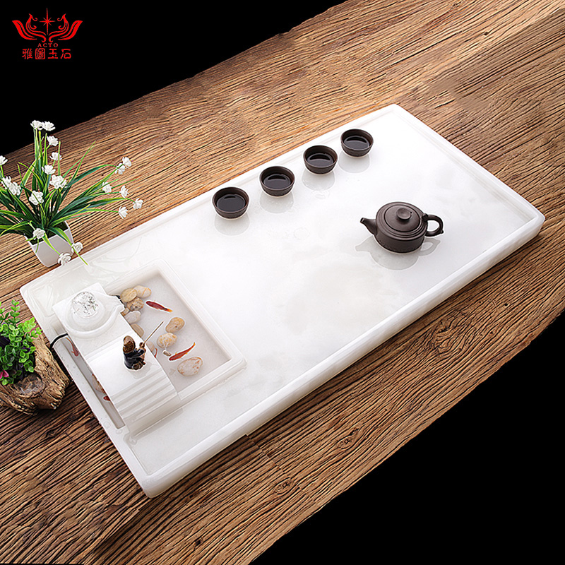 高档天然玉石茶盘创意流水台办公室客厅书房中式奢华石材功夫茶盘