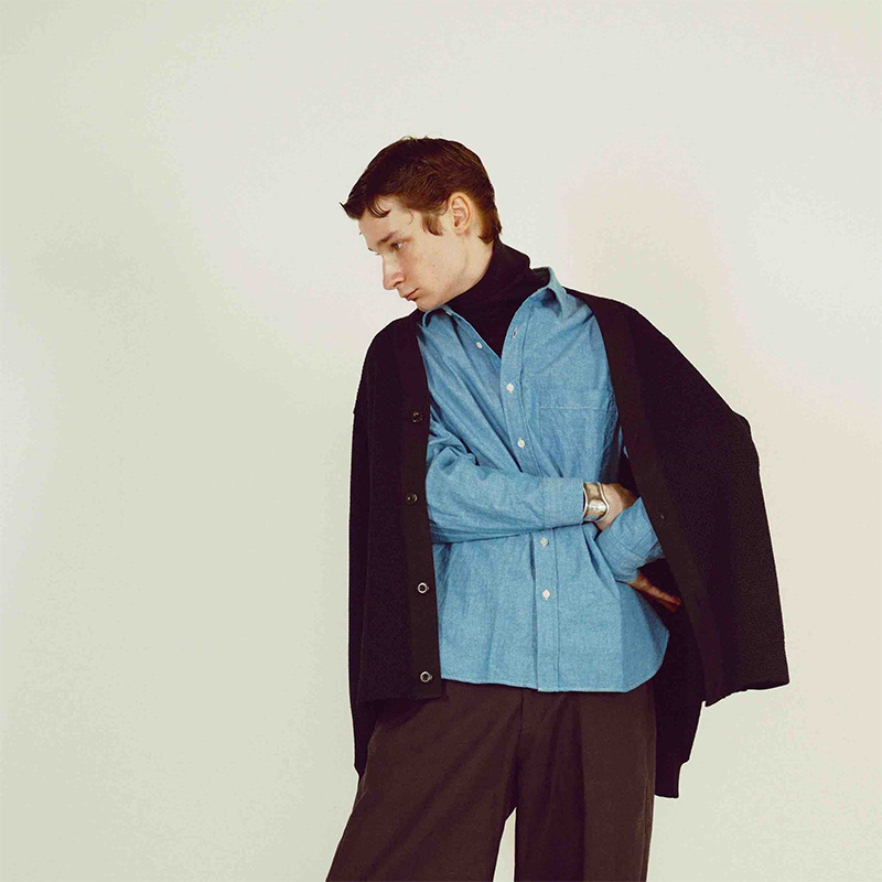 水洗仿旧修身宽松感方领衬衫蓝色