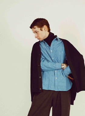 日本KICS DOCUMENT经典粗棉布水洗仿旧修身宽松感方领衬衫蓝色