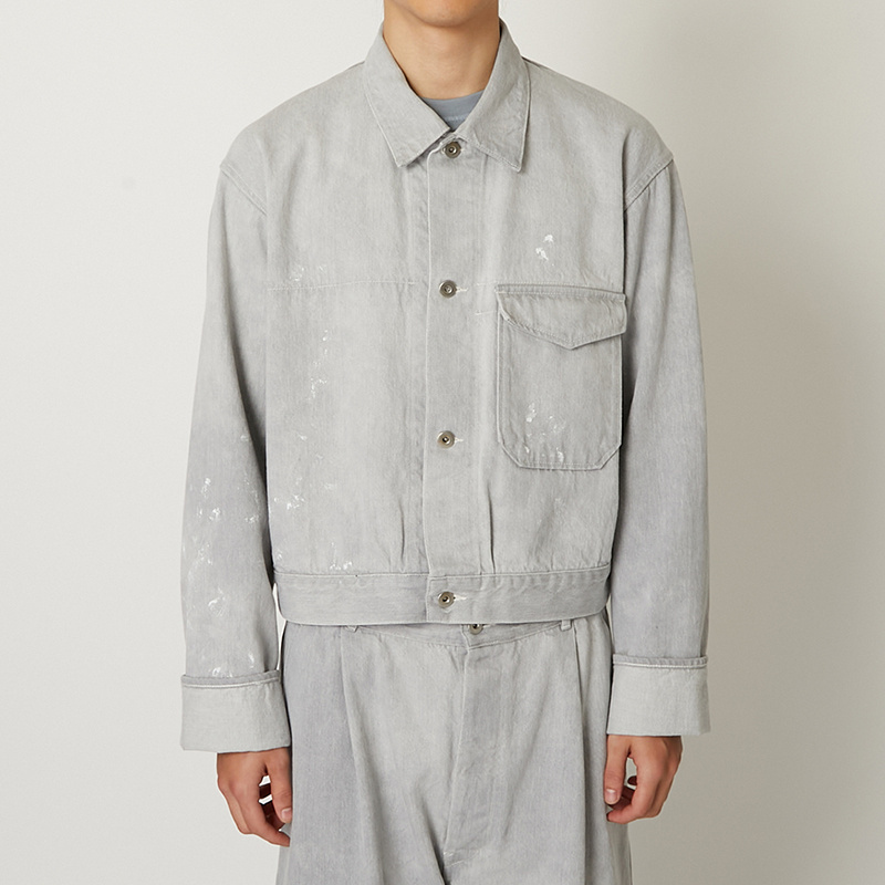 仿旧微泼漆短版牛仔工作夹克浅灰