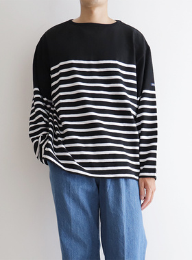 日本Tieasy HDCS宽松剪裁侧边开衩密度天竺纱洗石磨老工艺条纹T恤