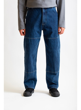 法国Arpenteur膝盖双缝4口袋靛蓝棉斜纹水洗直筒微窄牛仔裤蓝色