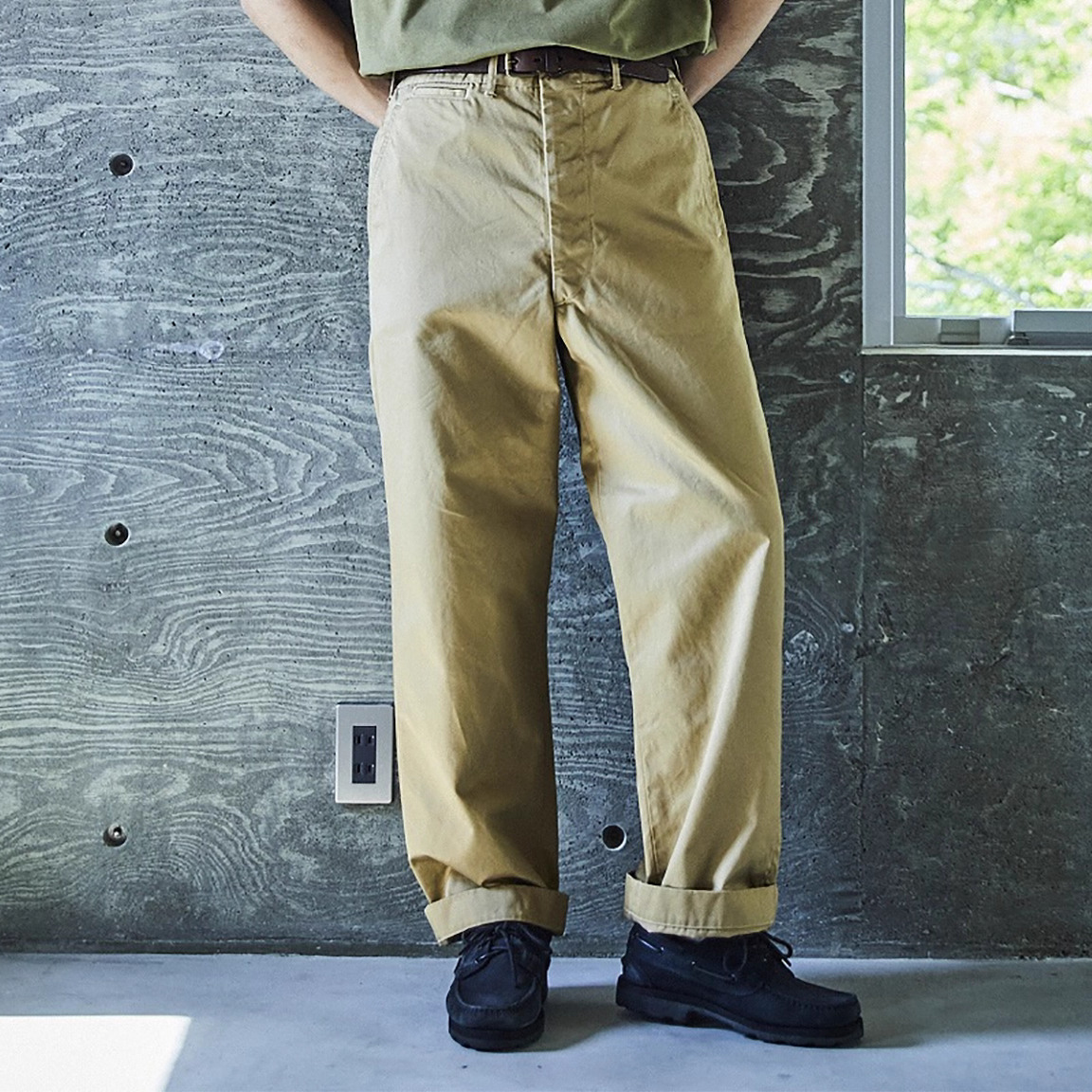 双股纱复古直筒工装长裤深卡其