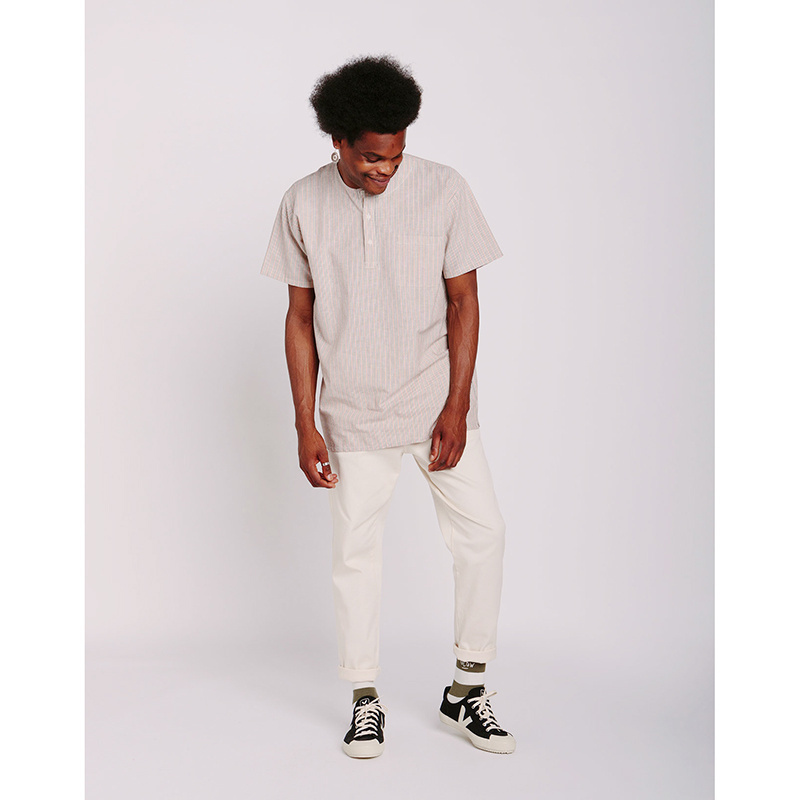 水洗圆领排扣宽松条纹短袖衬衫