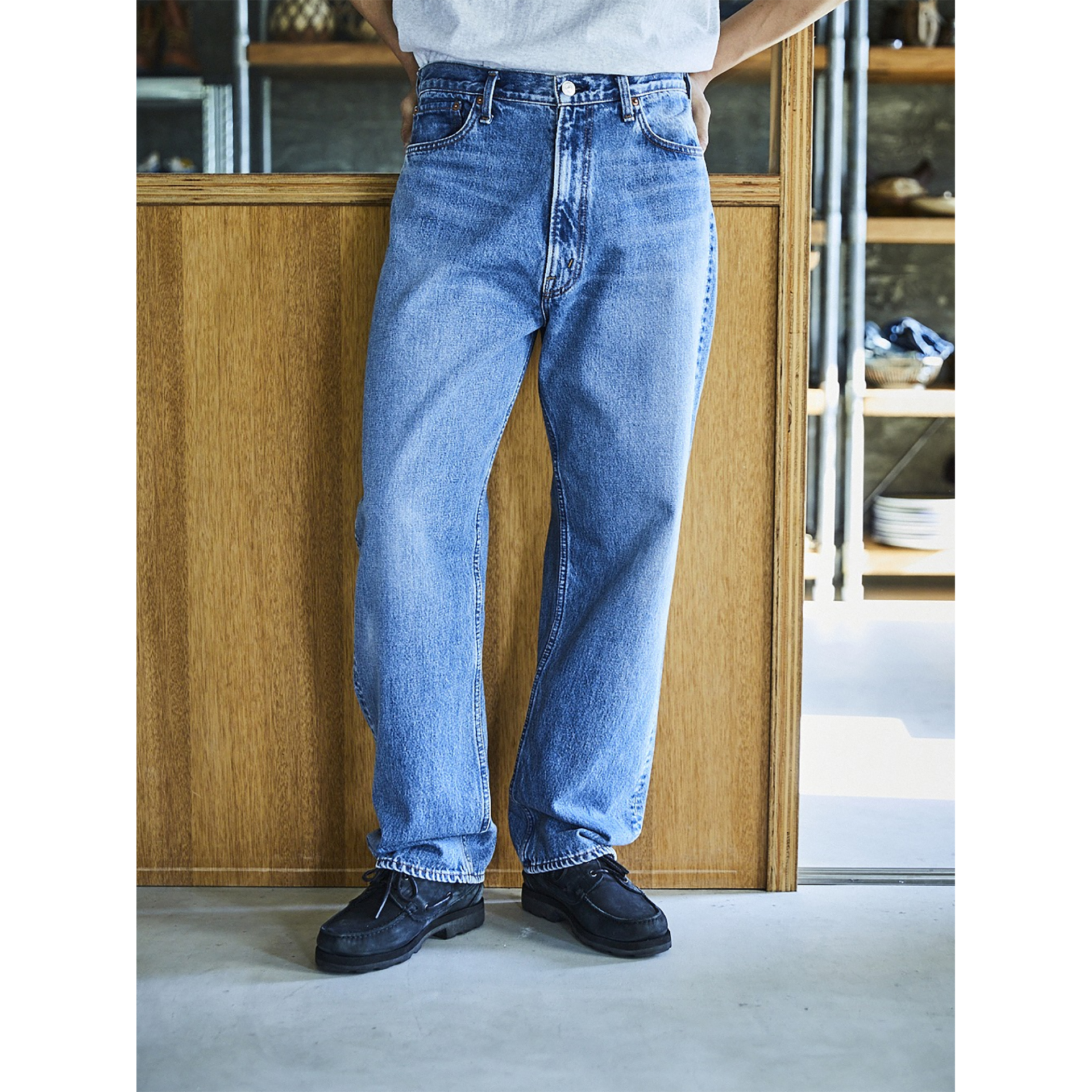 美国乡村风锥形牛仔裤重度水洗蓝