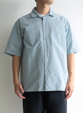 日本YOKO SAKAMOTO超高密度滑顺复古微宽松开领短袖衬衫天蓝色