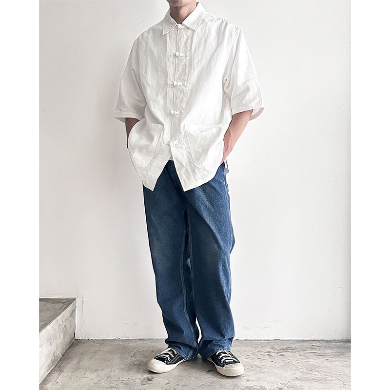 不粘皮肤光滑褶皱方领短袖衬衫