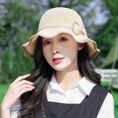 夏季新款波浪帽檐针织蝴蝶结盆帽女士户外旅游遮阳草帽防晒渔夫帽