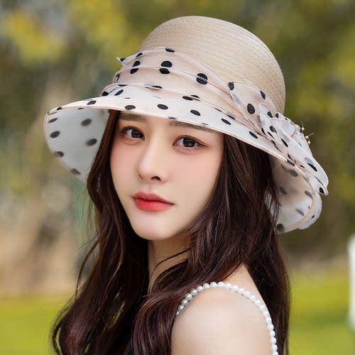 春夏季女士帽子新款韩版时尚花朵波点防晒太阳帽百搭优雅遮阳盆帽