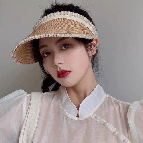 2025新款女夏季防晒帽空顶帽户外骑车百搭休闲遮阳帽女珍珠太阳帽
