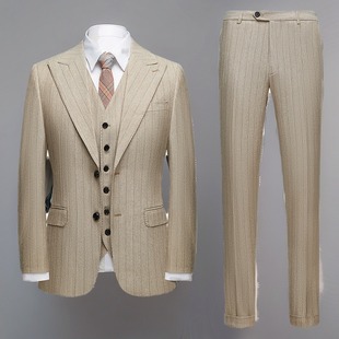 韩版 修身 条纹浅咖休闲西装 新款 men 西服套装 三件套 suit 男士