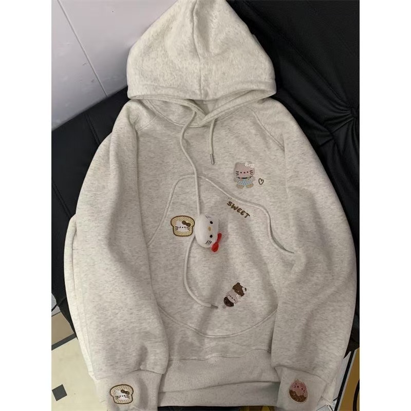卡通连帽套头公仔小熊卫衣女秋冬连帽口袋设计感刺绣宽松百搭外套