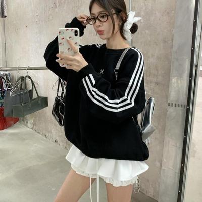 三条杠蝴蝶结黑色卫衣女2024秋宽松显瘦韩版上衣外套圆领休闲上衣