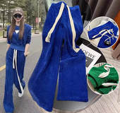 秋冬加厚垂坠感休闲裤 折扣清仓雪尼尔裤 子女2022网红蓝色阔腿裤 潮