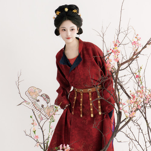 长安朱影丨簪花阁汉服定制丨唐制真丝圆领袍灯笼裤套装春夏款