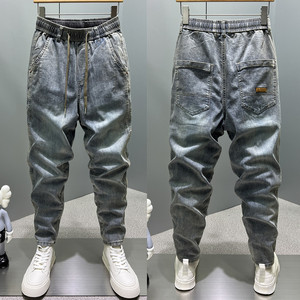 夏季九分牛仔裤男痞帅裤子韩版抽绳修身小脚裤弹力百搭男士休闲裤
