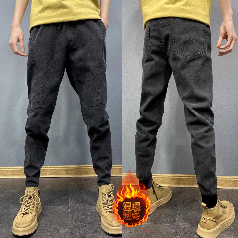 潮牌春季牛仔裤男松紧腰锥形裤子男小脚裤男显瘦修身九分休闲裤男