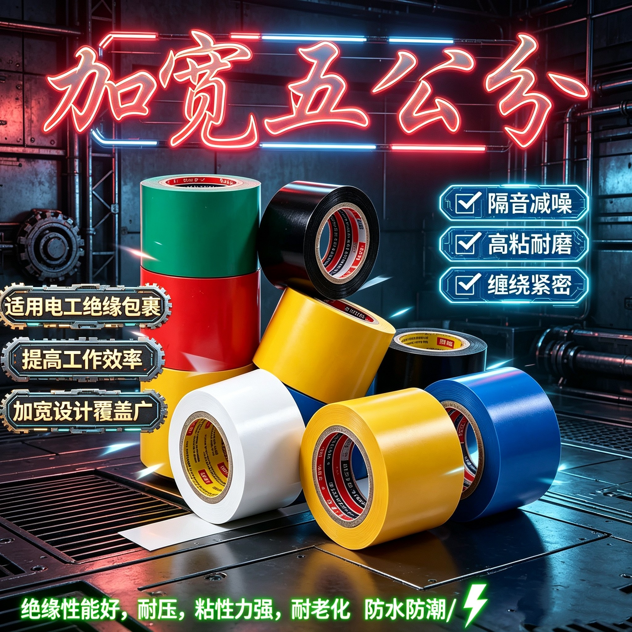 加宽5公分电工胶带PVC绝缘防水超粘耐高温管道维修包扎黑胶布彩色