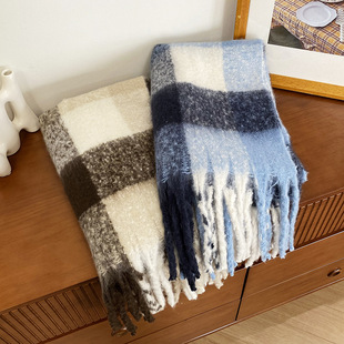 韩版氛围感大拉毛仿羊绒格子围巾女加厚保暖流苏高级感蓬松围脖女