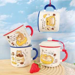 300毫升新款陶瓷马克杯家用儿童水杯咖啡杯小猫卡通带盖杯耐高温