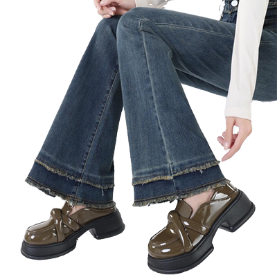 美式复古拼接毛边喇叭裤女牛仔裤