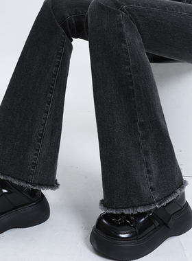 黑灰色毛边微喇牛仔裤女2025新款高腰显瘦美式辣妹拖地喇叭马蹄裤