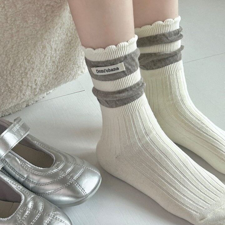 韩系木耳边条纹堆堆袜女春秋纯棉