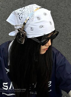 美式复古白色腰果花头巾女2026新款街头辣妹防晒y2k包头巾小方巾