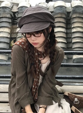 韩系复古咖色波点丝巾女