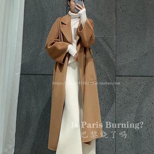 大衣我家W牌 毛呢外套 羊绒大衣气质系带中长款