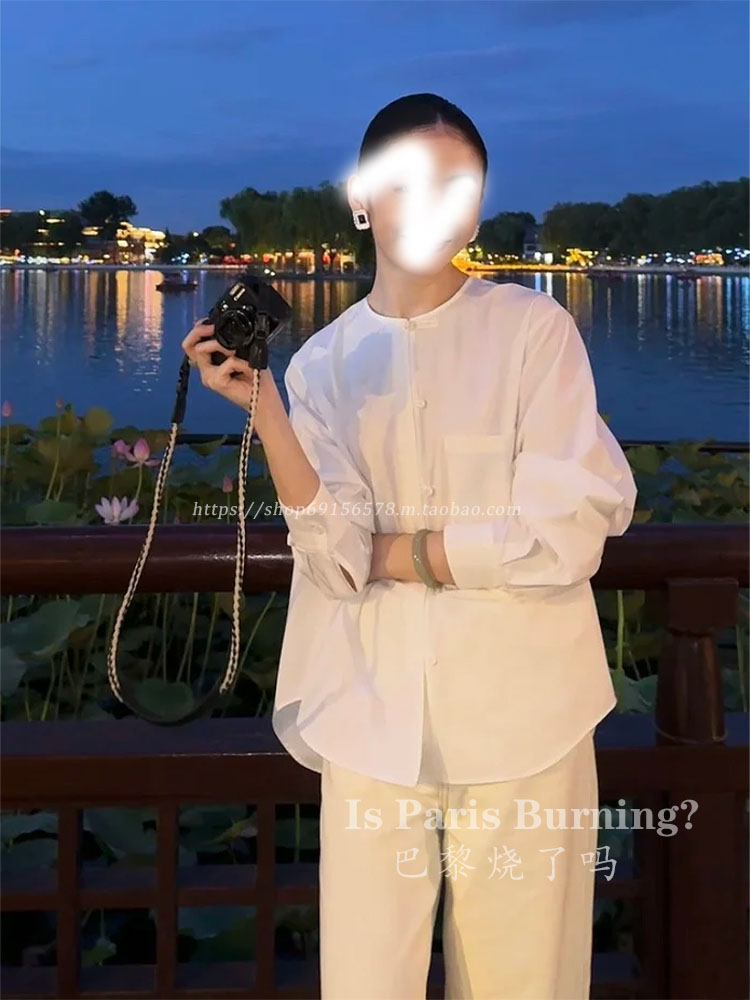 CBD木兰！新款新中式设计盘扣白色衬衫POLO领长袖薄衬衣