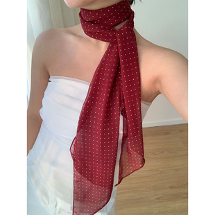 春夏氛围~雪纺红色波点丝巾女细长条2025新款护颈飘带发带装饰潮