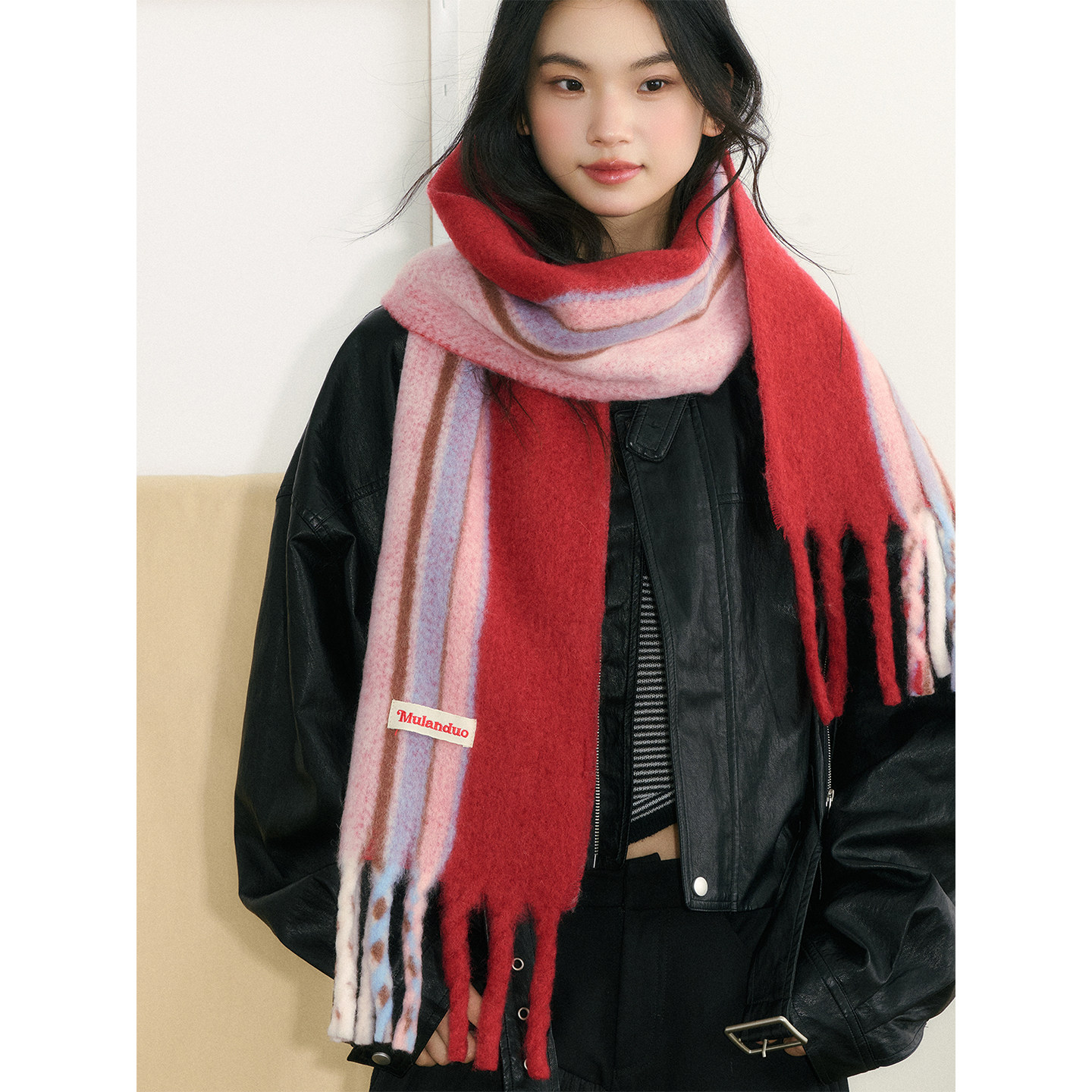 日韩设计师款！俏皮红色条纹围巾含羊毛冬季氛围感高颜值围脖护颈,服饰配件/皮带/帽子/围巾,围巾/丝巾/披肩,淘宝优惠券,粉丝福利购,淘宝优惠卷